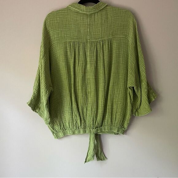 Easel Gauzy Top S Green Boho Dolman Half Sleeve Tie Front Button Collar - Picture 6 of 8